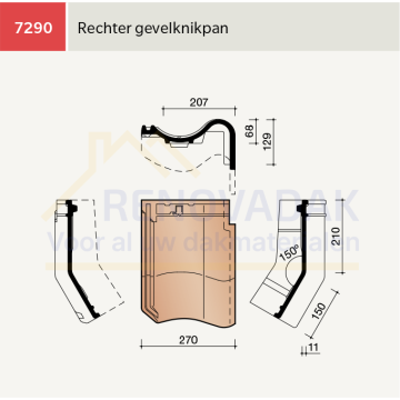 Knikgevelpan Rechts 150° Koramic OVH Klassiek Zwart Gesmoord satinet