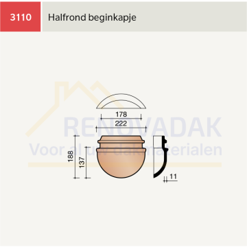 Halfronde Hoekkeperbeginkap 219mm Koramic Tuile du Nord 44 Natuurrood Naturel
