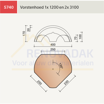 Broekstuk 1xHalfrond 2xHalfrond Hoekkeper Koramic Tuile du Nord 44 Natuurrood Naturel