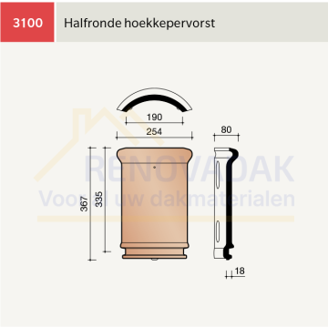 Halfronde Hoekkepervorst Smal 185mm Koramic Tuile du Nord 993 Antraciet Engobe